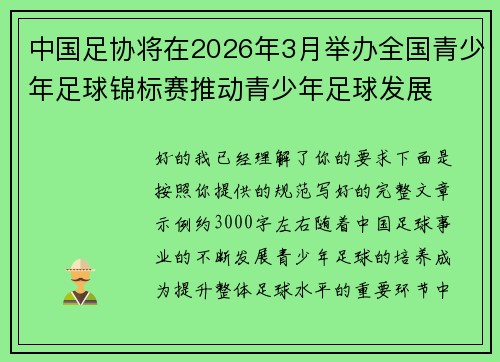 中国足协将在2026年3月举办全国青少年足球锦标赛推动青少年足球发展